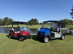 Red golf cart and blue beverage/snack cart in the sun by the lake.