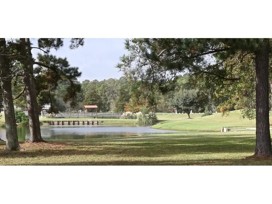 Bridge, elevated green, and water with trees in the foreground.